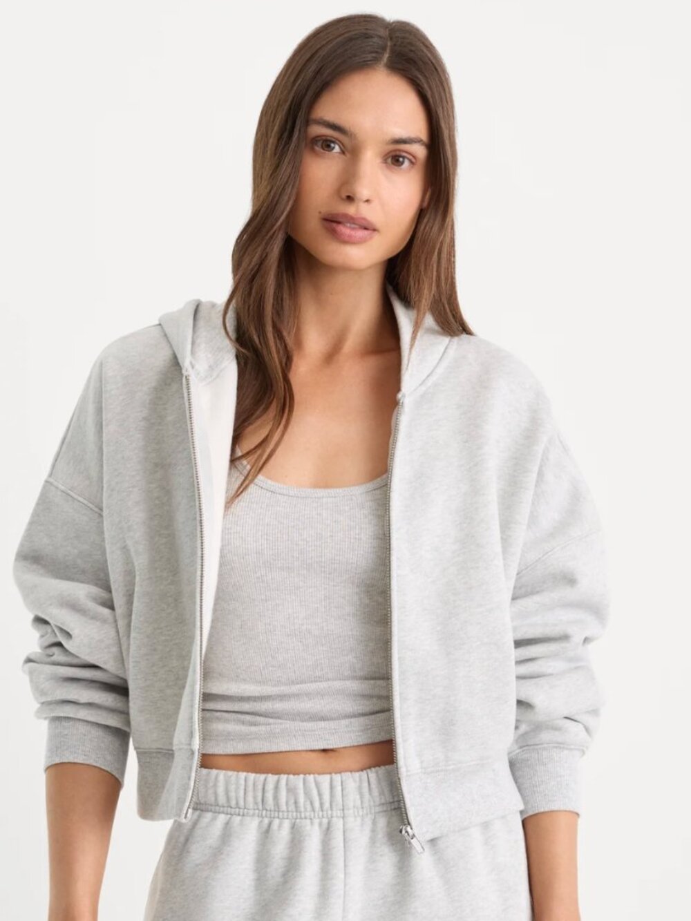 Good American The Zip Up Sweatshirt in Heather Grey — Cropped Fleece Full Zip